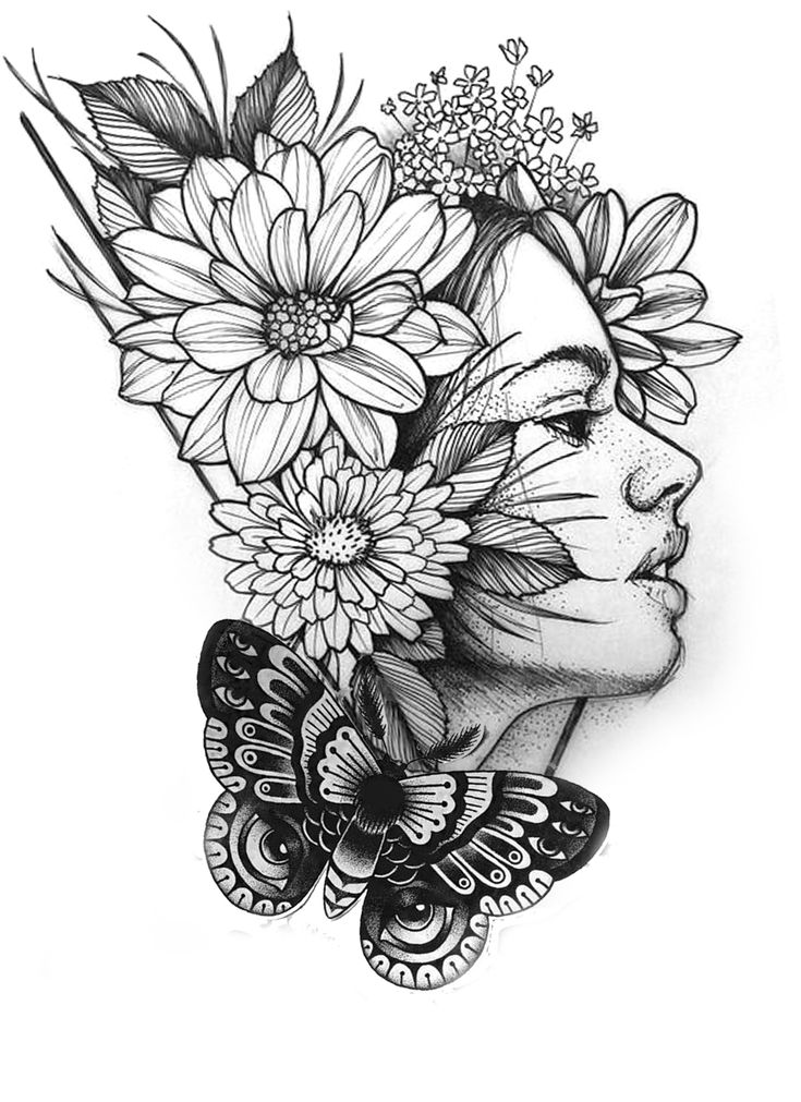 a woman's face with flowers in her hair and butterflies around her head, on a white background