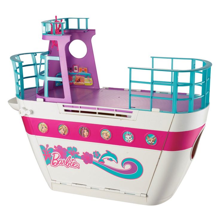 a pink and white boat with blue railings on the top is shown in front of a white background