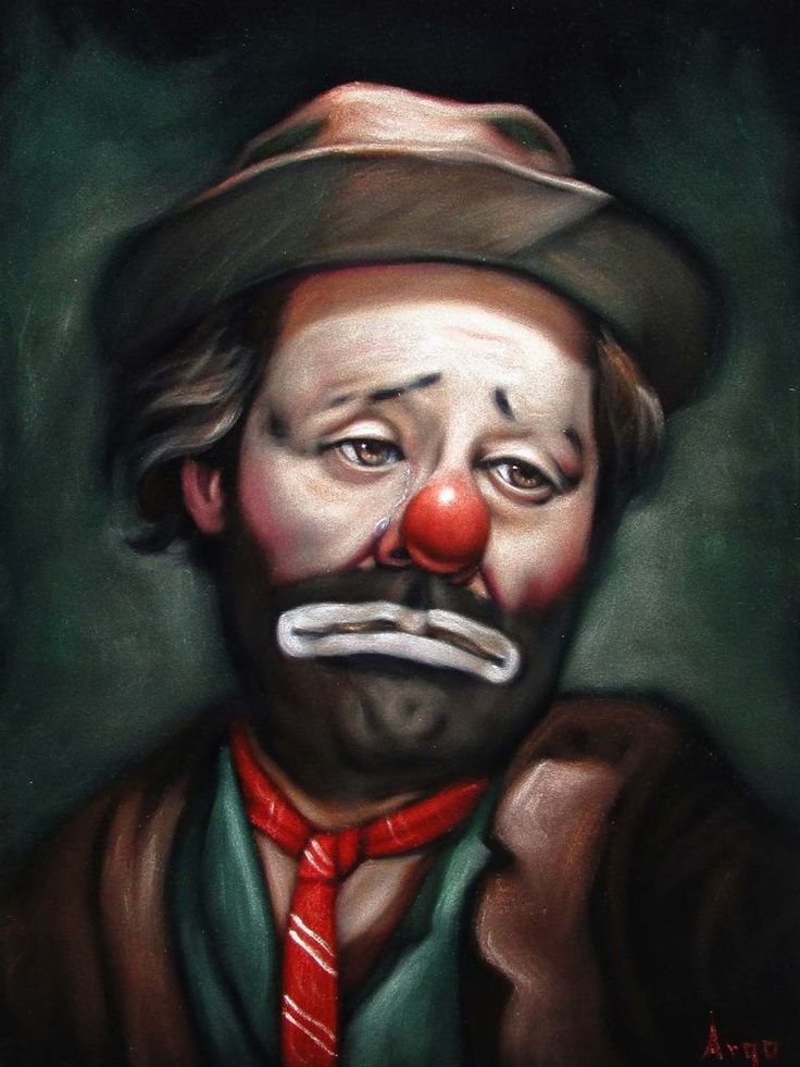 a painting of a clown wearing a red tie and hat with his nose painted white