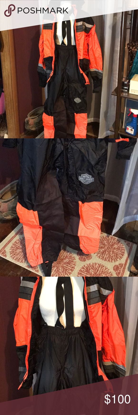 Harley-Davidson rain gear NWOT, never worn, comes with carrying bag, jacket and pants with suspenders. Reflective which is a must for high visibility. Harley-Davidson Jackets & Coats Utility Jackets Pants With Suspenders, Harley Davidson Jacket, Suspender Pants, Rain Gear, Utility Jacket, Black Orange, Suspenders, Orange Black, Parachute Pants