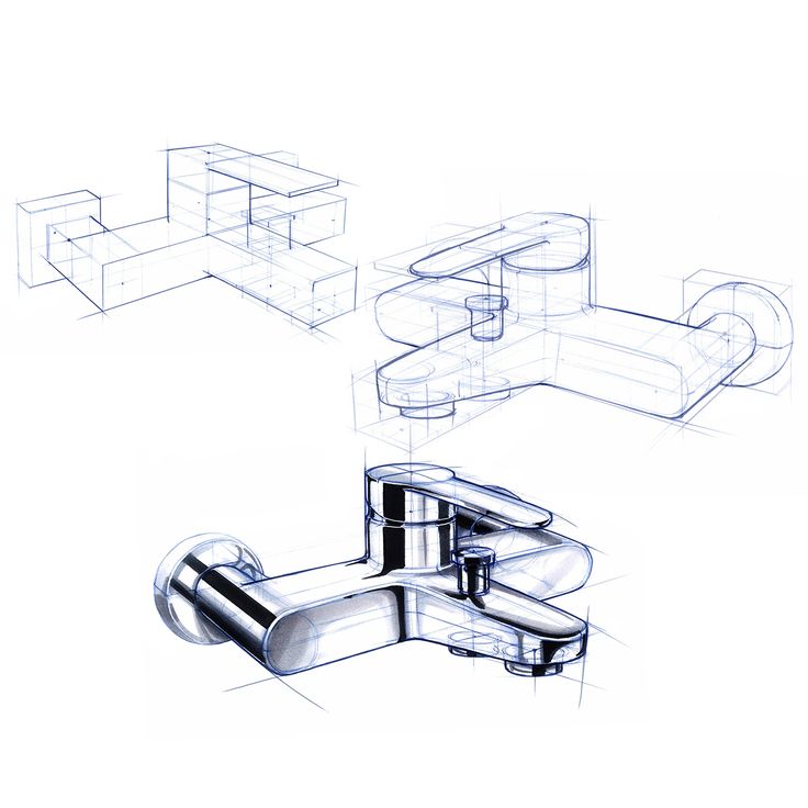 three different views of a faucet and sink with the top part being drawn