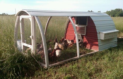 chickens in a chicken coop on the side of a road