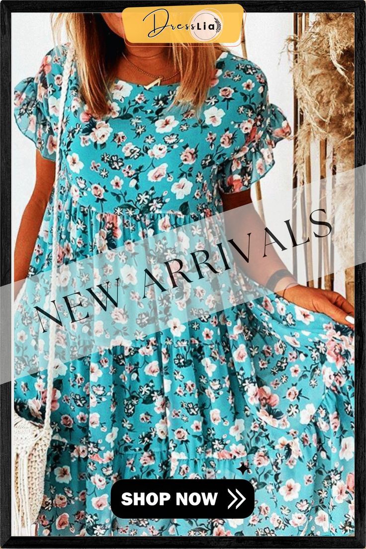 Floral Print Ruffle Sleeve Dress Flowy Knee-length Ruffle Dress For Summer, Chic Floral Ruffled Dress, Summer Floral Dress With Flutter Sleeves And Ruffles, Casual Floral Dress With Ruffle Hem And Flutter Sleeves, Tiered Ruffle Hem Dress, Flowy Ruffled Summer Dresses, Casual Summer Tiered Dress With Ruffled Skirt, Summer Knee-length Dress With Ruffled Skirt, Flowy Floral Dress With Ruffle Hem For Brunch