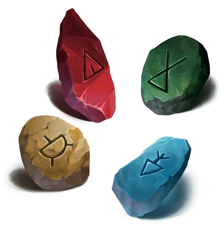 four different colored rocks with symbols on them