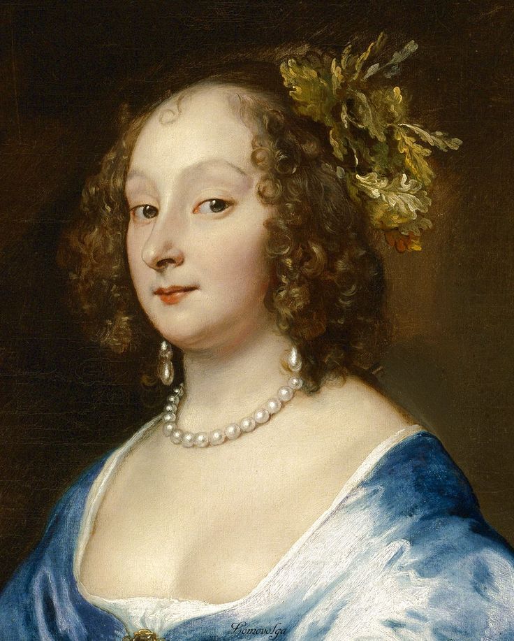 a painting of a woman in a blue dress with pearls and a flower in her hair