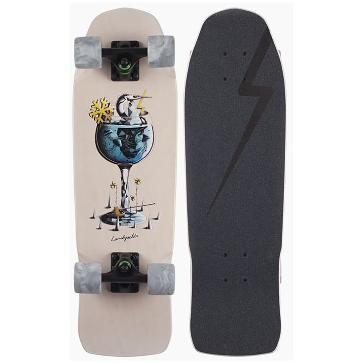 a skateboard with an image of a cocktail glass on the front and bottom part