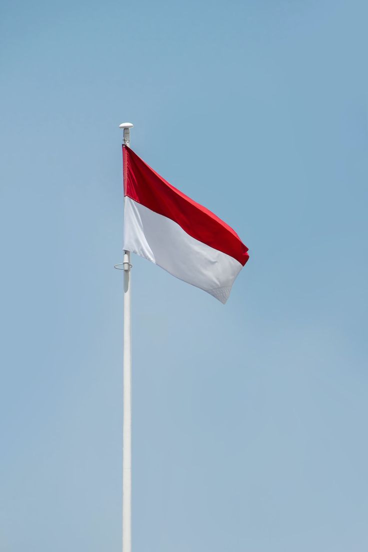 a red and white flag is flying high in the sky with a clear blue sky behind it