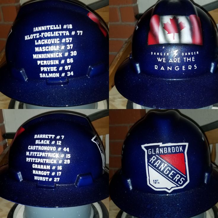 three new york rangers hard hats are on display