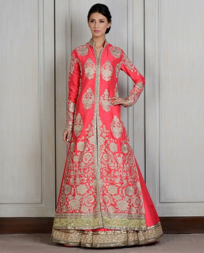 Jacket: Coral silk front open Nehru collar long jacket with Tilla embroidery motifs all over front and back. Heavy zardozi embroidered border and long side slits. Skirt: Coral silk Lehnga with thick h Jacket Lengha, Long Jacket Lehenga, Manish Malhotra Bridal Lehenga, Sister Of The Bride Dress, Manish Malhotra Bridal, Manish Malhotra Collection, Anniversary Dresses, Dresses Mother Of The Groom, Jacket Lehenga