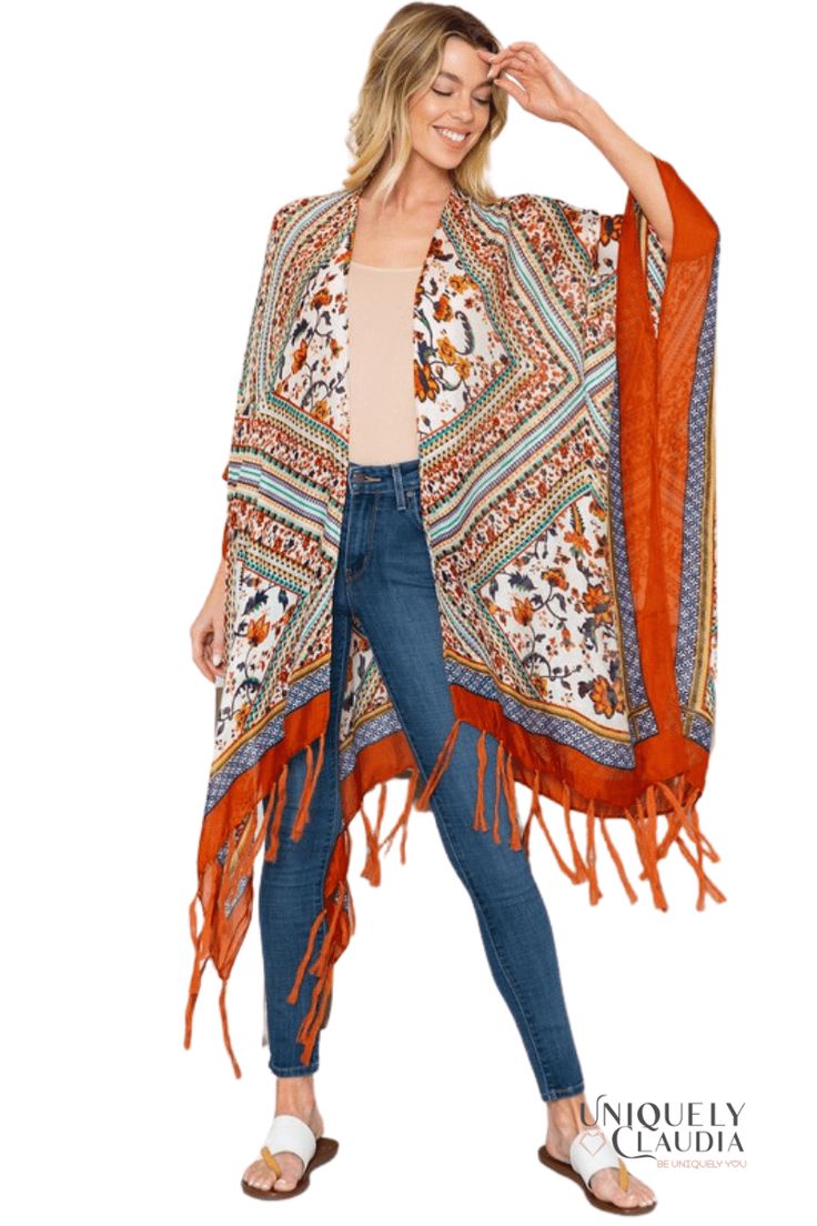 Ibiza Swim Coverup Scarf - UNIQUELY CLAUDIA Red Bohemian Shawl With Floral Print, Patterned Bohemian Scarves For Spring, Bohemian Patterned Scarves For Spring, Spring Multicolor Tassel Shawl, Bohemian Scarves With Tassels For Spring, One Size Beach Shawl With Fringe, Summer Shawl With Tassels, Summer Shawl With Fringe, Summer Shawl Scarf With Floral Print