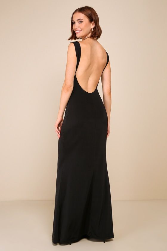 The Lulus Inspiring Glamour Black Backless Column Maxi Dress is a compliment-worthy look that'll effortlessly impress everyone you meet! This figure-flaunting gown has a slinky jersey knit construction that shapes a subtle cowl neckline, slender tank straps, and a sleeveless bodice with an alluring open-back design. The flattering column silhouette continues down to a sweeping maxi hem for the most elegant finish. Fit: This garment fits true to size. Length: Floor length. Size medium measures 52 Full Length Formal Dresses, Cool Girl Long Dress, Winter Formal Dresses Open Back, Backless Long Black Dress, Black Silk Backless Dress, Backless Dress Drawing, Barristers Ball Law School Dress, Elegant Open Back Dress, Prom Open Back Dresses