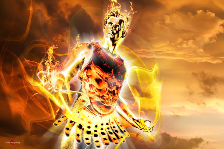 a digital painting of a woman with fire on her body and hands in the air