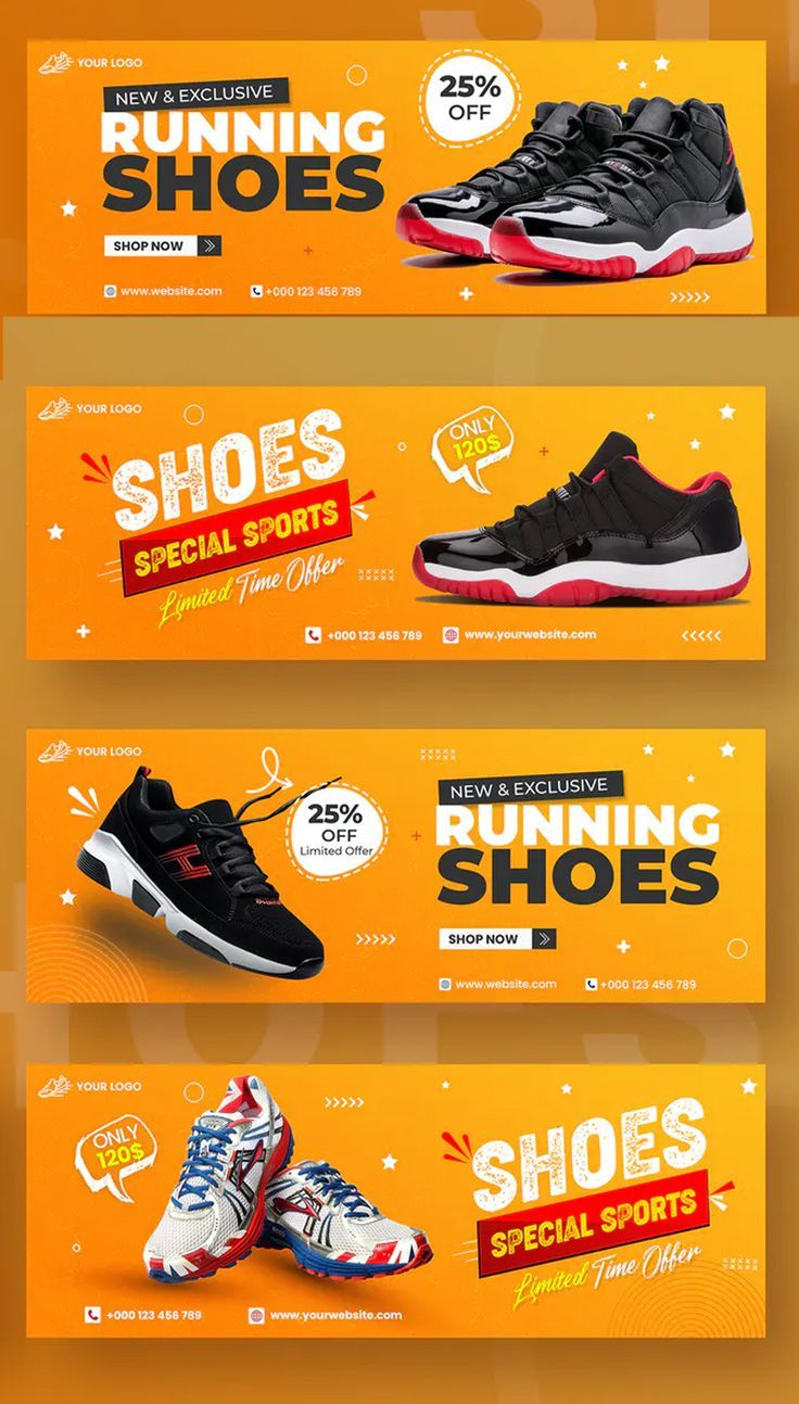 three banners with shoes on them for running shops and special sports items in different colors