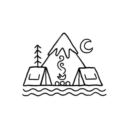 a tent and campfire in the water with trees around it on a white background