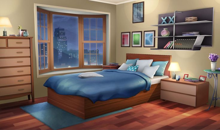 a bedroom scene with a bed, dresser and window overlooking the city at night time