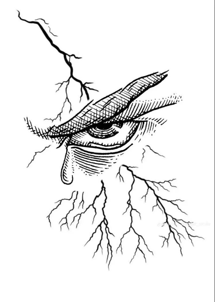 a drawing of an eye in the middle of a tree with lightning coming from it