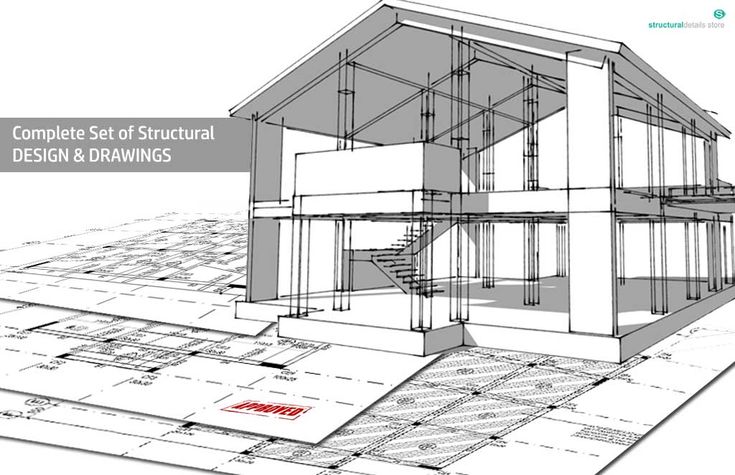 a drawing of a house with the words complete set of structural designs and drawings on it