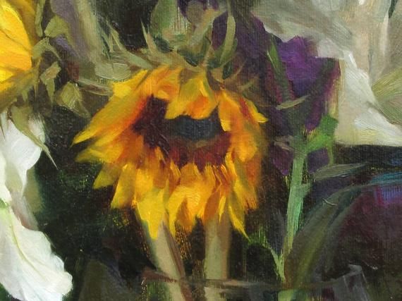 an oil painting of sunflowers in a vase