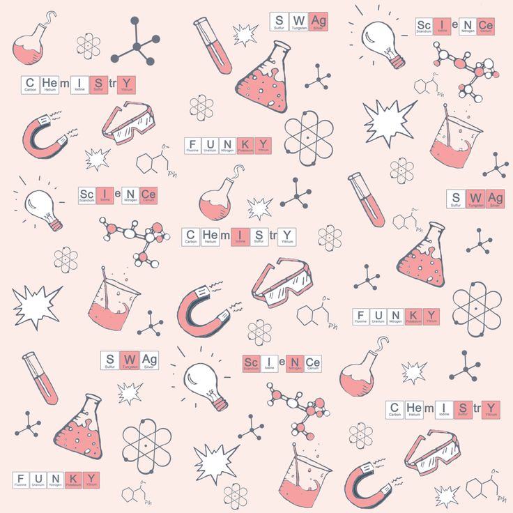 a pink background with science symbols and words