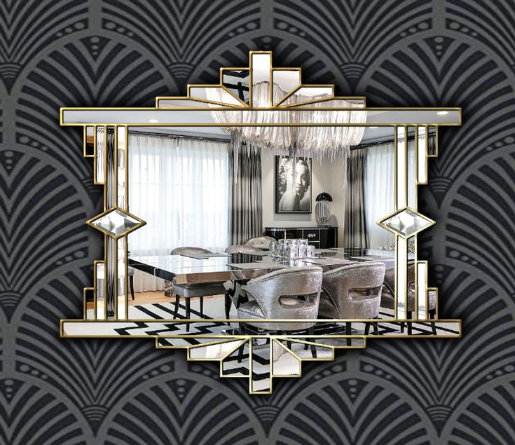 an art deco style dining room with black and gold wallpaper, chandelier, and mirror