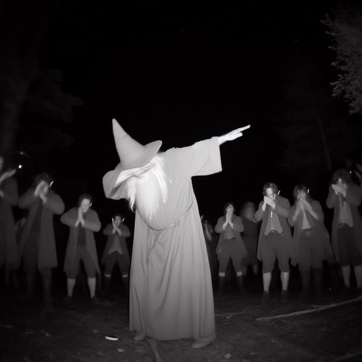 a group of people dressed in costumes and hats are standing outside at night with their arms outstretched