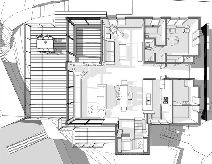 an aerial view of the floor plan of a house with multiple levels and rooms on each level