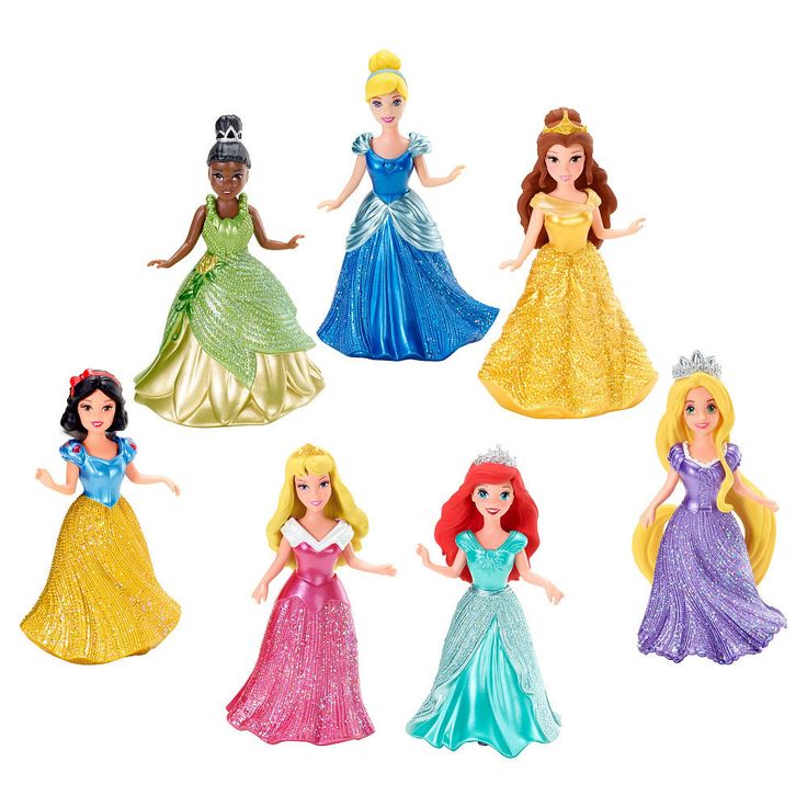 the princess dolls are all dressed in different colors