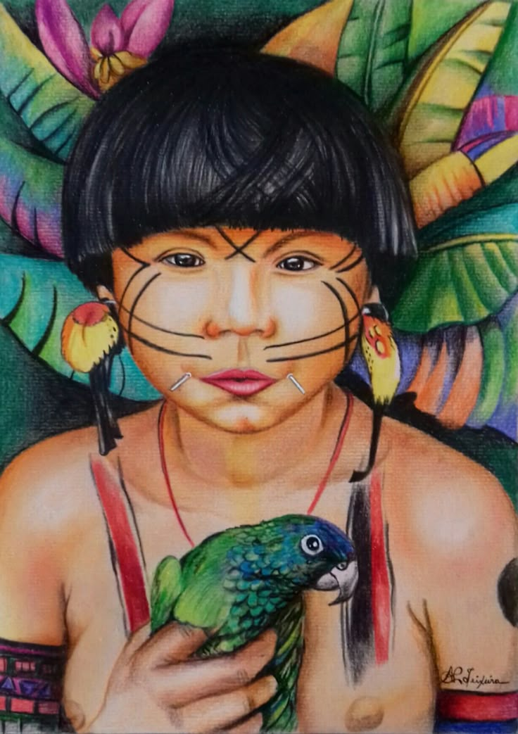 a drawing of a woman holding a parrot in her hands and wearing feathers on her head