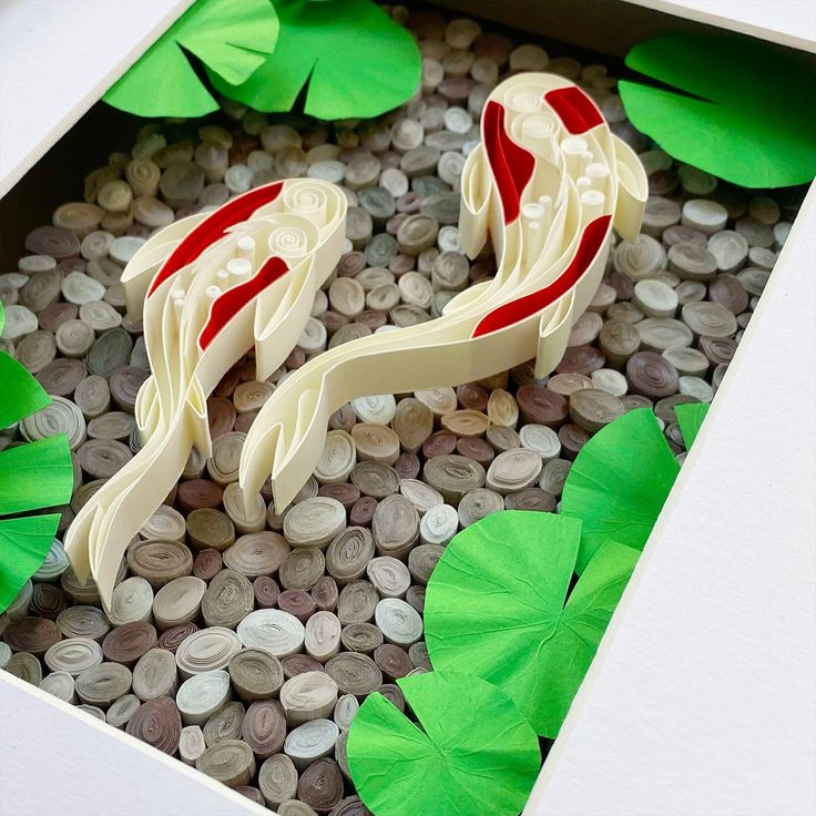 two red and white koi fish sitting on top of some rocks in a box