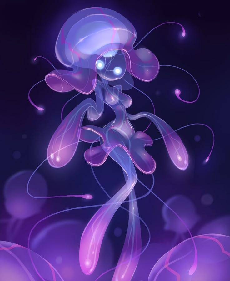 a purple jellyfish floating in the ocean with bubbles and swirls on it's back