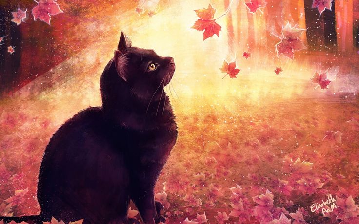 a painting of a black cat sitting in the middle of autumn leaves and looking up