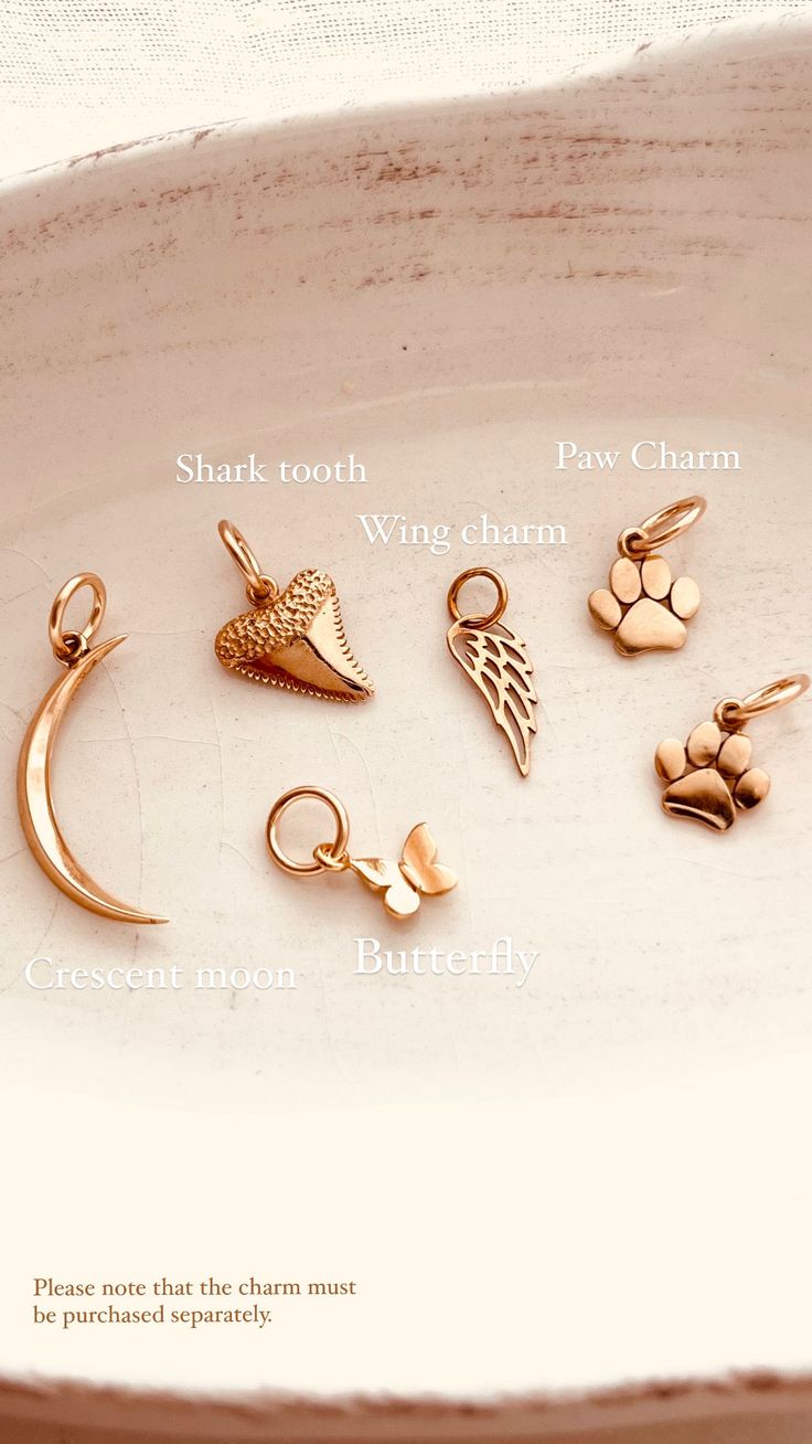 Mix and match your favorite pendant charms to create a personalized piece of jewelry. Each charm is sold separately and individually. Item Details:This is a listing for ONE(1) Gold Charm. ( Including a 14k gold-filled jumping 7mm ) Tiny Butterfly Charm, Natural Bronze, 10mm.Paw Charm, Natural Bronze, 9mm.Shark Tooth Charm, Natural Bronze, 11mm.Wing Charm, Natural Bronze, 15mmCrescent Moon charm Natural Bronze, 22 mm *Natural Bronze - Our bronze is a high-quality Italian copper and tin alloy cont Customizable Rose Gold Pendant Charm Necklace, Pendant Charms Jewelry For Best Friend Gift, Customizable Rose Gold Charm Necklaces With Round Pendant, Minimalist Dangling Charms For Gifts, Customizable Rose Gold Charm Necklace With Round Pendant, Minimalist 14k Gold Pendant Charm, Customizable Rose Gold Round Pendant Charm Necklace, Minimalist Rose Gold Charm Necklace, Dainty Nickel-free Round Pendant Charms