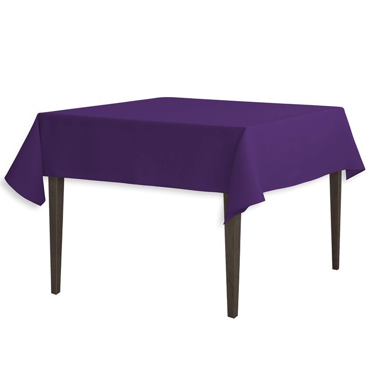 a purple table cloth on top of a wooden table