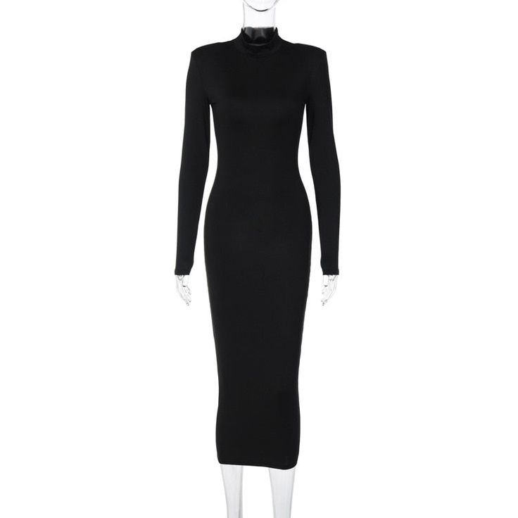 Introducing our Women Black Long Sleeve Bodycon Midi Party Dress – a captivating blend of elegance and allure perfectly designed for those who embrace the Sexy & Club style. With its sleek and sophisticated silhouette, this dress is crafted to enhance your curves and embrace your confidence. The Sheath Silhouette, combined with a Slim Fit and High Stretch Elasticity, ensures a figure-hugging look that flatters your body's natural contours. The Turtleneck neckline adds a touch of sophistication w Long Stretch Bodycon Dress For Party, Sleek Fitted Backless Maxi Dress, Fitted Long Maxi Dress For Club, Elegant Fitted Midi Dress For Winter, Fitted Winter Maxi Dress For Evening, Elegant Fitted High Neck Bodycon Dress, Black High Stretch Bodycon Dress, High Stretch Black Bodycon Dress, Black Fitted High Neck Bodycon Dress