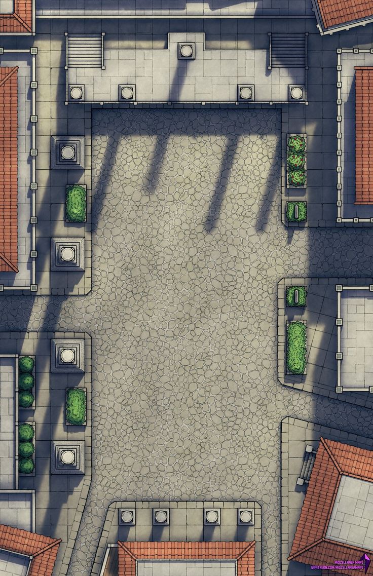 an overhead view of a courtyard with benches and tables