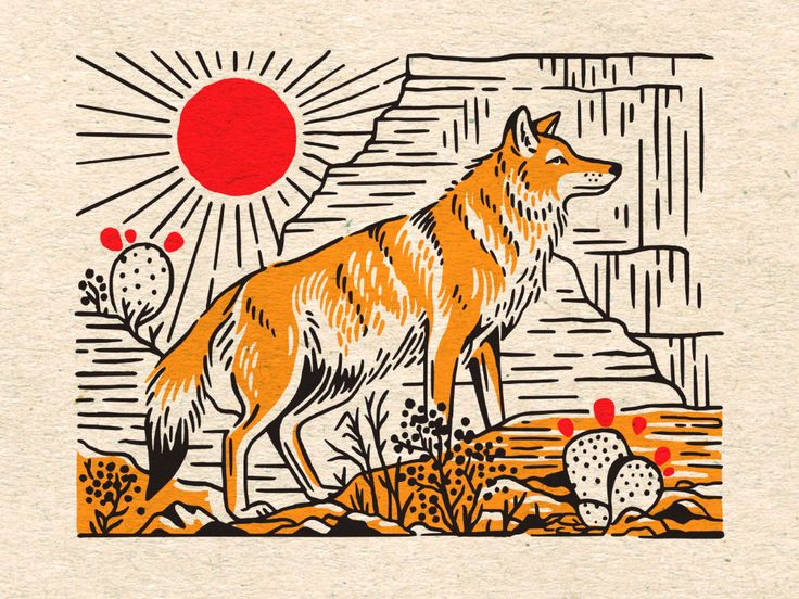 a drawing of a wolf standing in the desert with cactus and cacti behind it