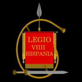 the logo for lego viii hispania is shown in red and gold on a black background