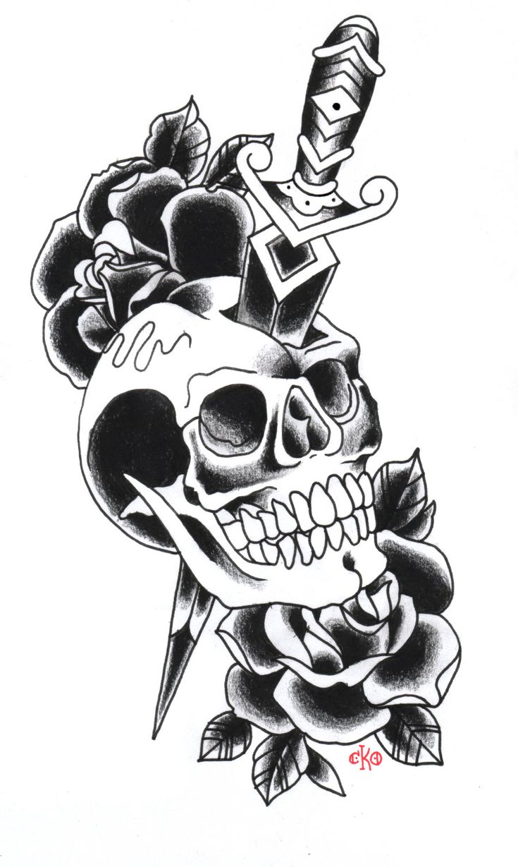 a drawing of a skull with roses on it