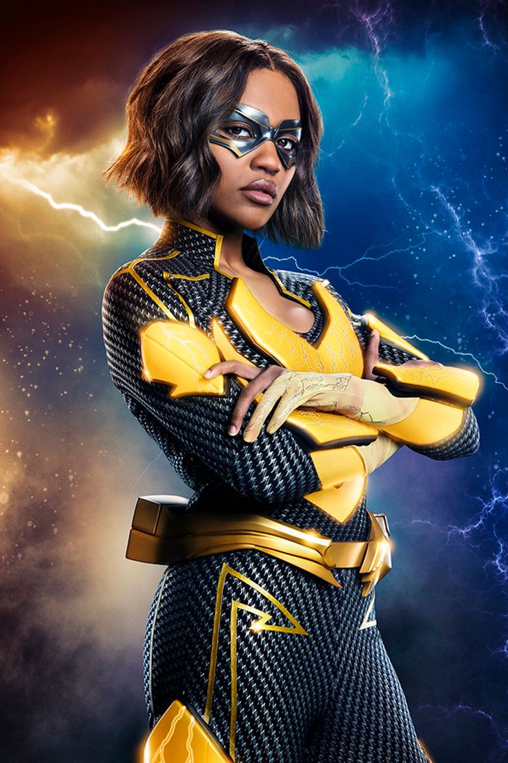 an image of a woman dressed in yellow and black with her arms crossed, lightning behind her