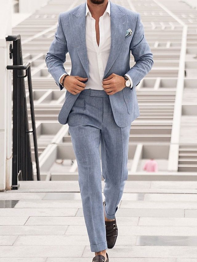 Blue Men's Wedding Linen Suits Summer Beach Wedding Suits 2 Piece Solid Colored Tailored Fit Single Breasted Two-buttons 2024 2024 - $93.99 Wedding Guest Men, Wedding Guest Suits, Suit For Men Wedding, Linen Suits For Men, Beach Wedding Suits, Light Blue Suit, Beach Wedding Attire, Mens Wedding Attire, Groom Wedding Attire