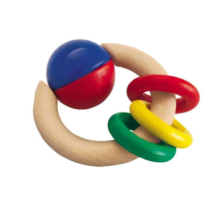 a wooden toy with two rings and a ball on the top one ring is multicolored