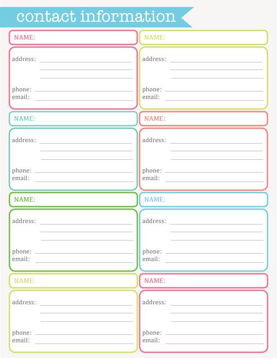 a printable contact information sheet with the words contact information in different colors and sizes