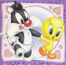 two cartoon characters are holding hands and one has a heart shaped object in the other's hand