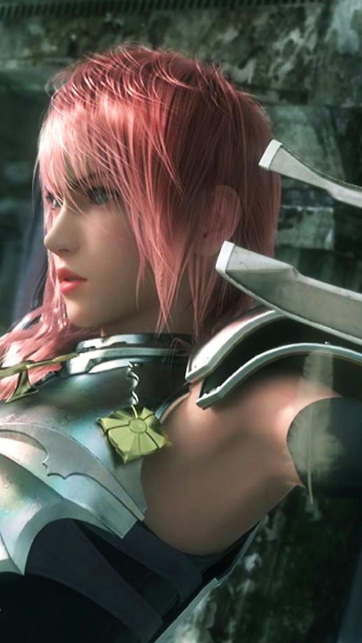 a woman with pink hair holding two swords