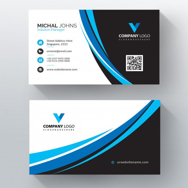 a business card with blue and black lines on the front, and an elegant design on the back