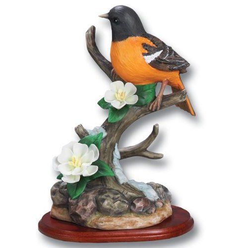 an orange and black bird sitting on top of a tree branch with flowers around it