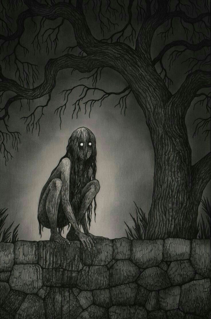 a black and white drawing of a monster sitting on a rock wall in front of a tree