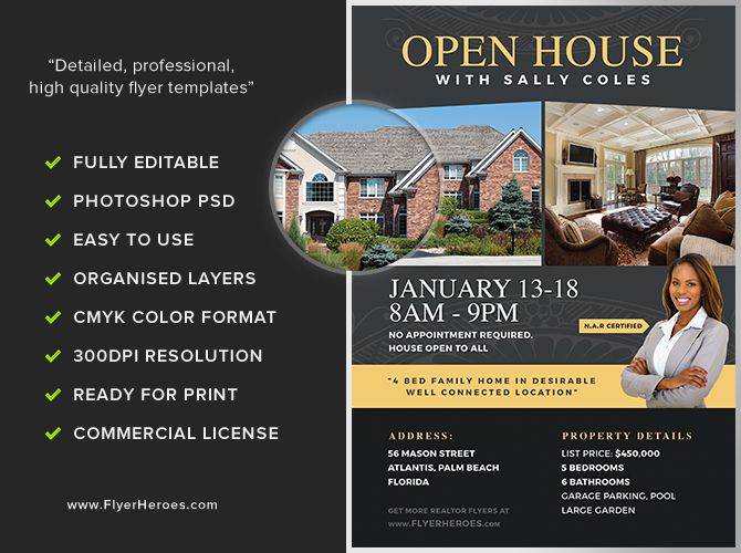 a flyer for an open house with real estate photoshopped on the front and back