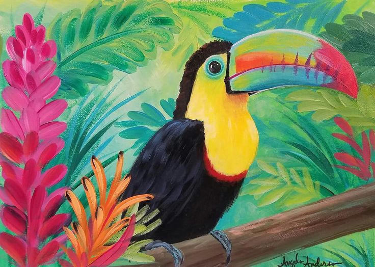 a painting of a toucan on a branch with tropical plants and flowers in the background