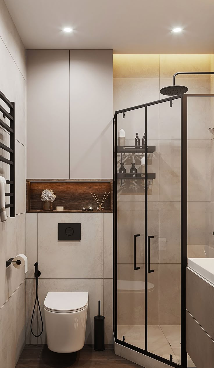 a bathroom with a shower, toilet and sink in it's own area is shown